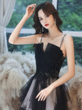 Black Aline  tulle long prom dress, black lace formal evening dress