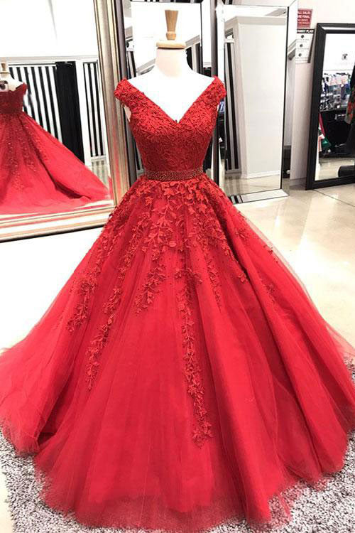Red v neck tulle lace applique long prom dress, red evening dress