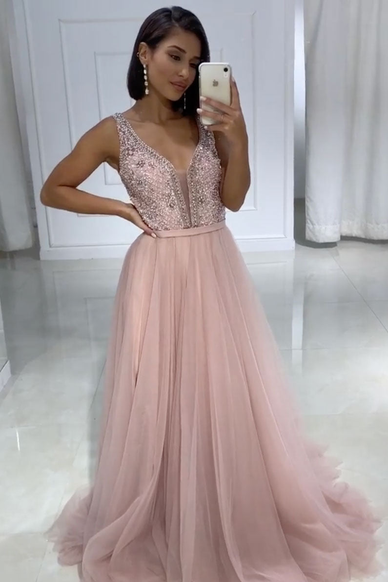 Pink v neck beads long prom dress pink tulle evening dress