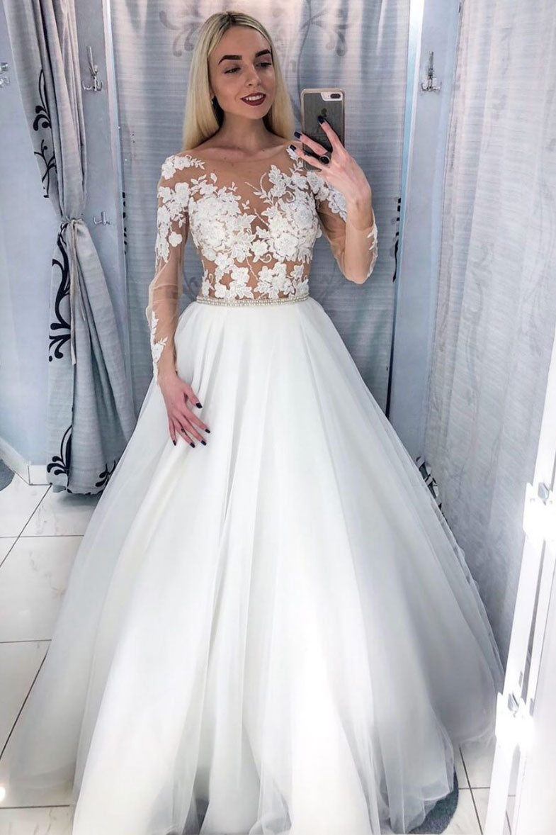 White round neck tulle lace long prom dress white tulle formal dress