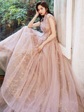 Aline Scoop Neck Sequin Pink Long  Prom Dress, Formal Pink Graduation Evening Dresses