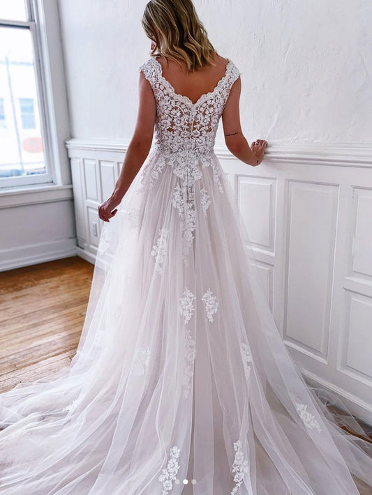 White v neck tulle lace long prom dress, white lace evening dress