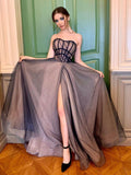 Simple tulle long prom dress, A line tulle evening dress