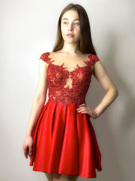 Red round neck satin lace beads short prom dress red homecoming dress