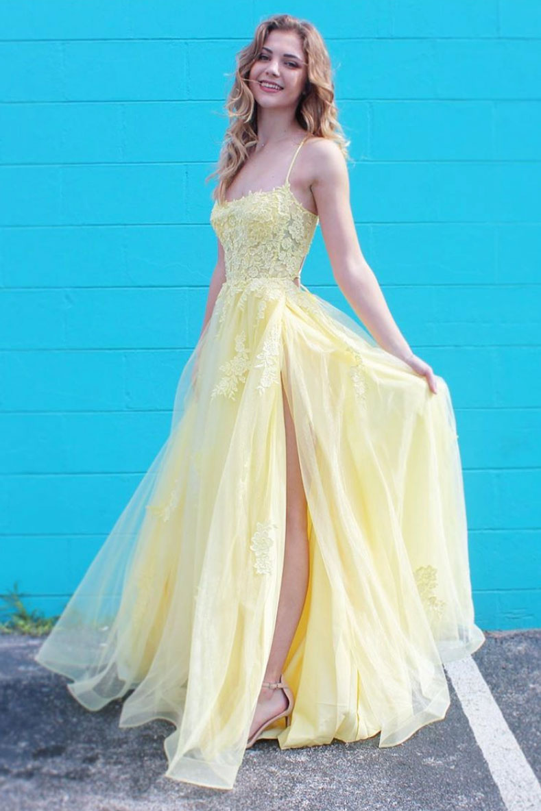 Yellow sweetheart tulle lace long prom dress yellow formal dress