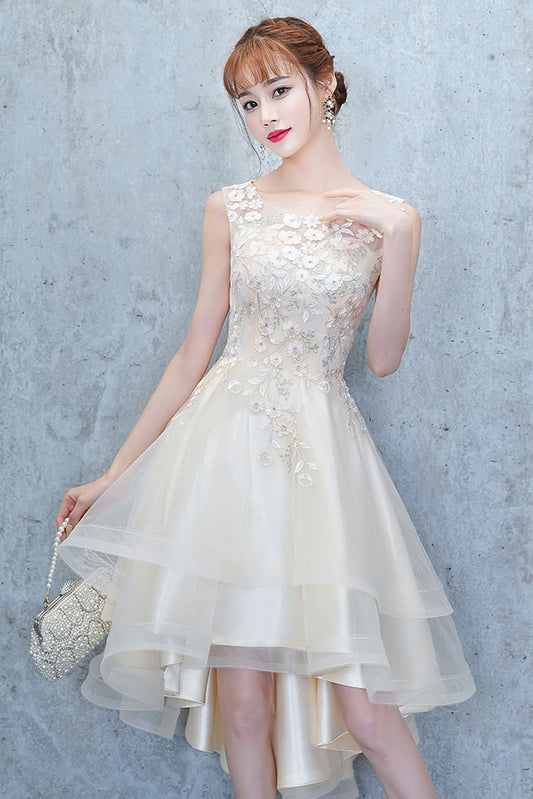 Champagne tulle lace high low prom dress, homecoming dress