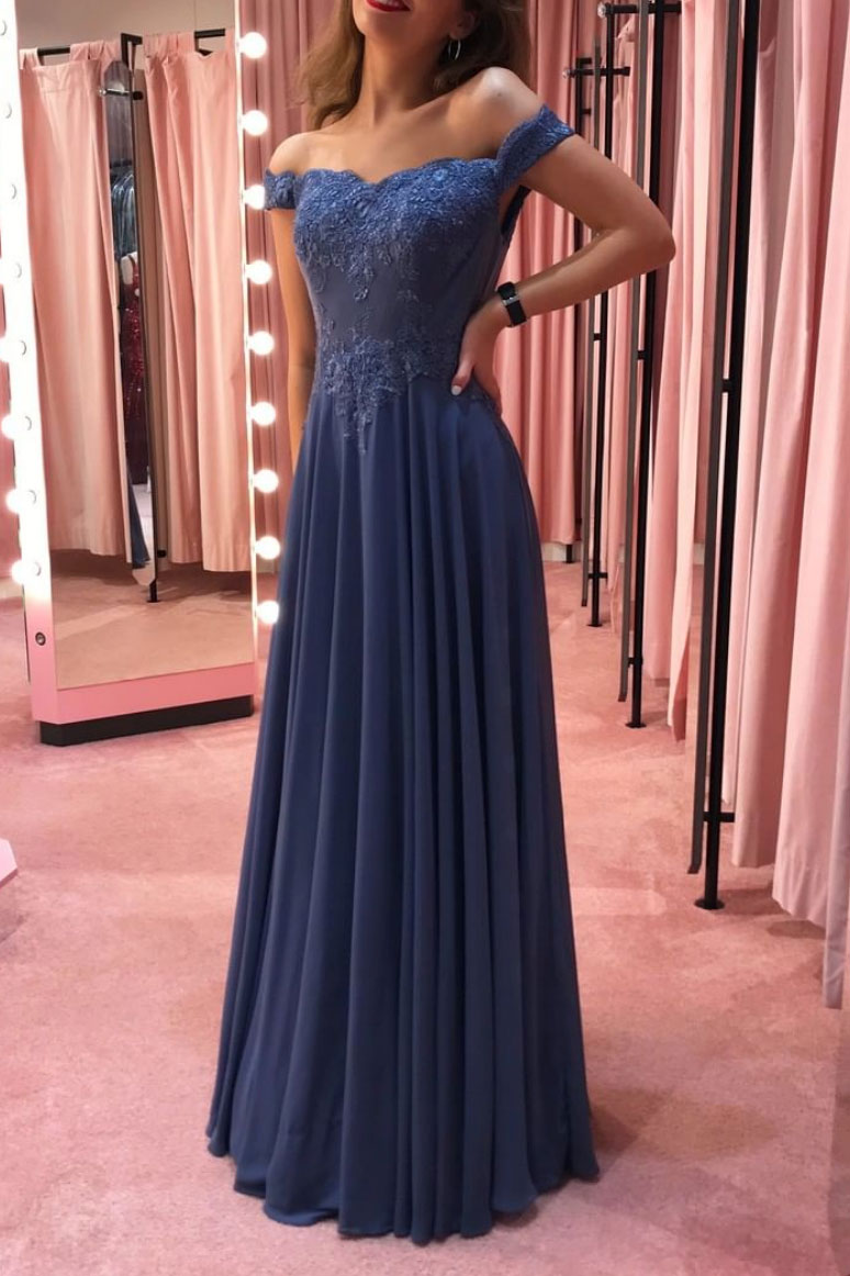 Blue off shoulder chiffon lace long prom dress blue formal dress – dresstby