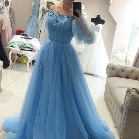 Blue round neck tulle lace long prom dress, blue evening dress – dresstby