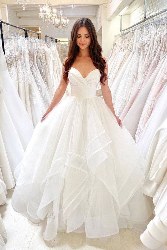 White sweetheart tulle long prom gown white formal dress
