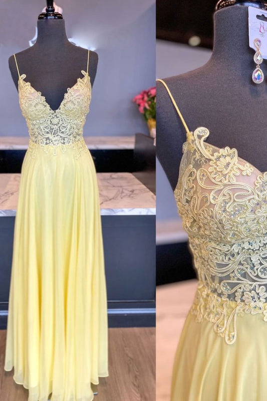 Yellow v neck chiffon lace long prom dress yellow evening dress