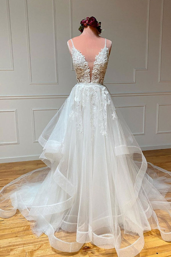 White v neck tulle lace long prom dress white lace wedding dress