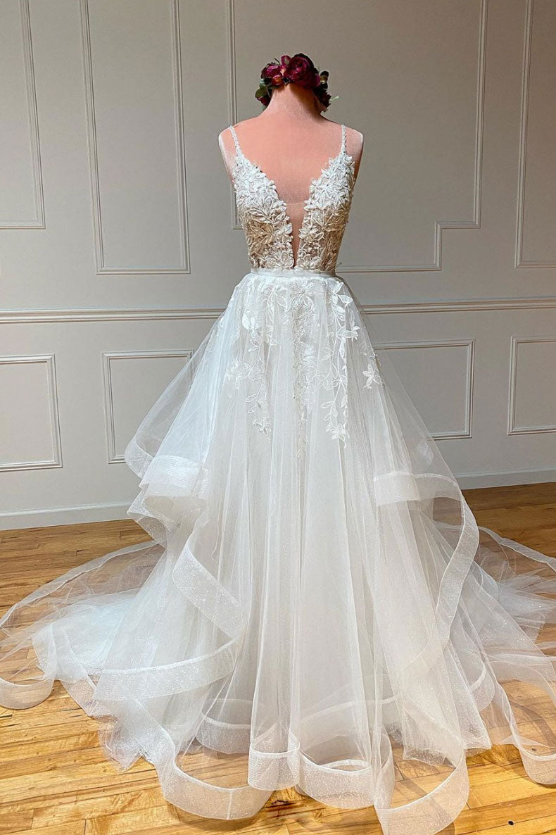 White v neck tulle lace long prom dress white lace wedding dress