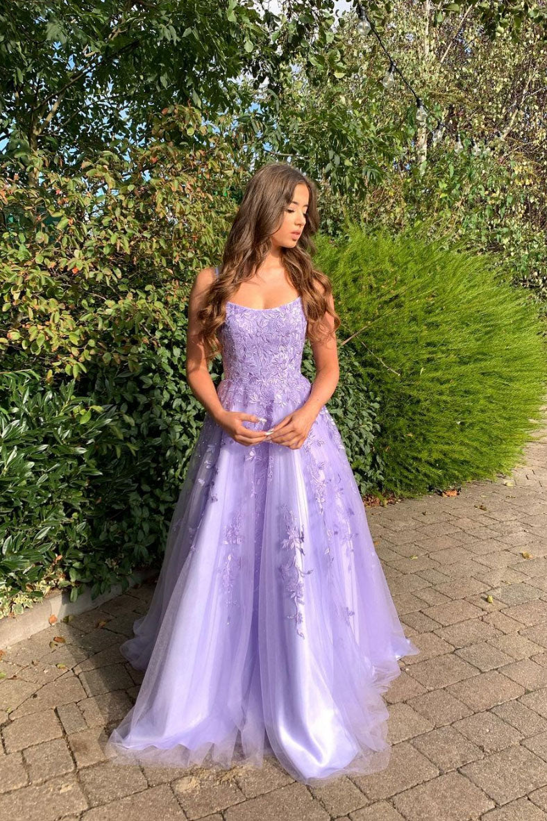 purple tulle lace long prom dress purple evening dress