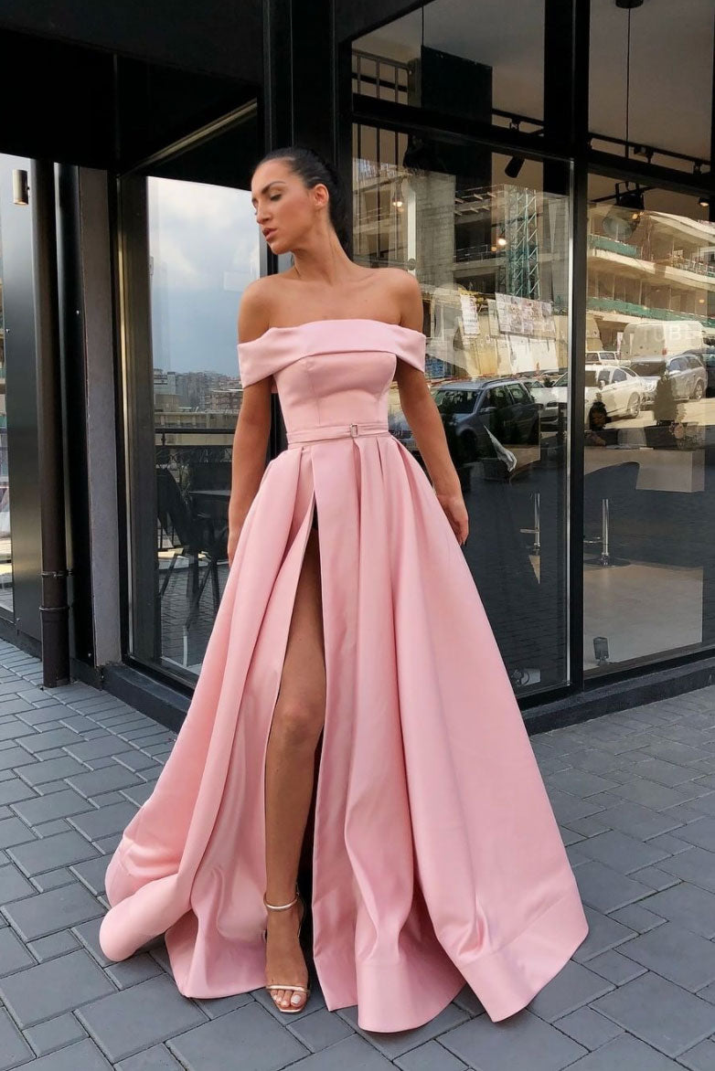 Simple pink off shoulder satin long prom dress pink formal dress