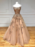 Champagne tulle lace long prom dress, backless champagne graduation dresses
