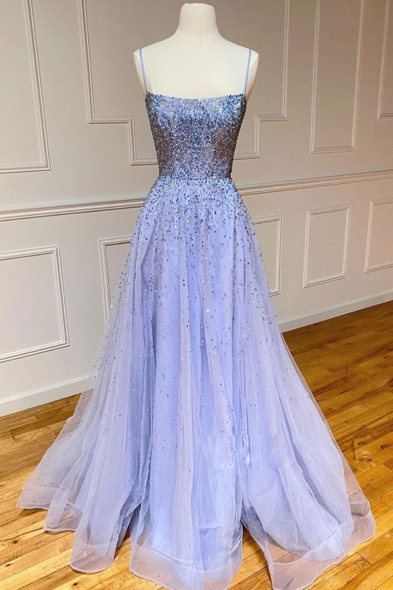 Purple tulle sequin long prom dress sequin evening dress
