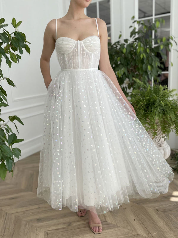 White sweetheart neck tulle tea length prom dress, white evening dress