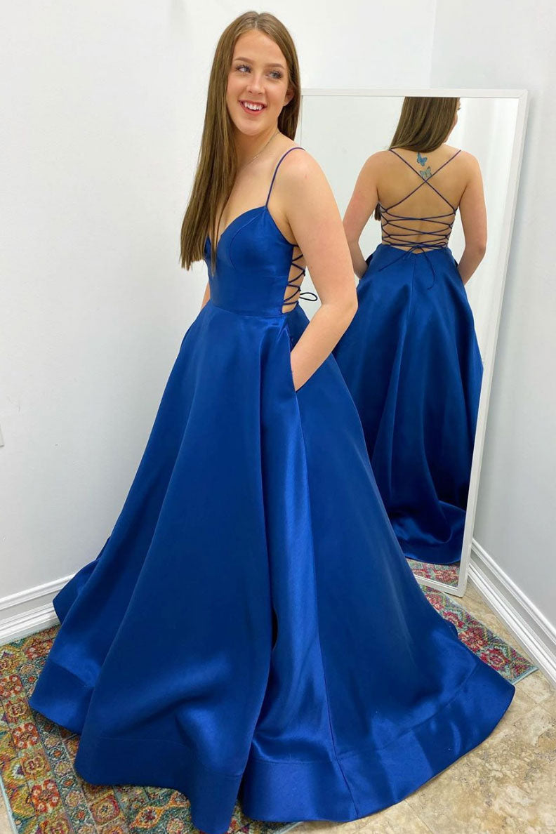 Simple v neck satin blue long prom dress blue formal dress