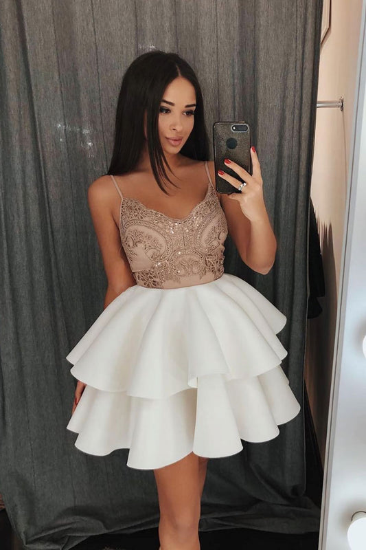 White lace short prom dress, white lace cocktail dress