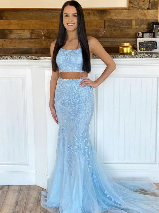 Blue tulle long mermaid evening dress, two pieces blue prom dress
