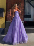 Purple A line tulle long prom dress, purple tulle evening dress