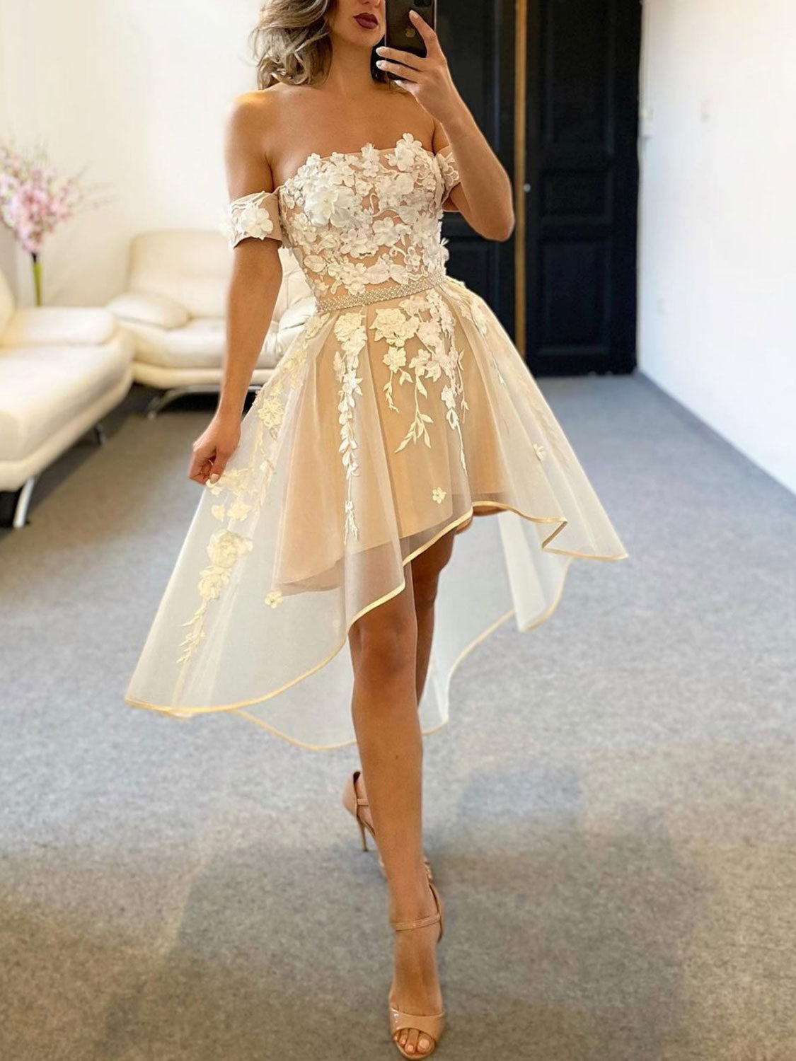 Champagne tulle off shoulder lace high low prom dress lace homecoming – dresstby