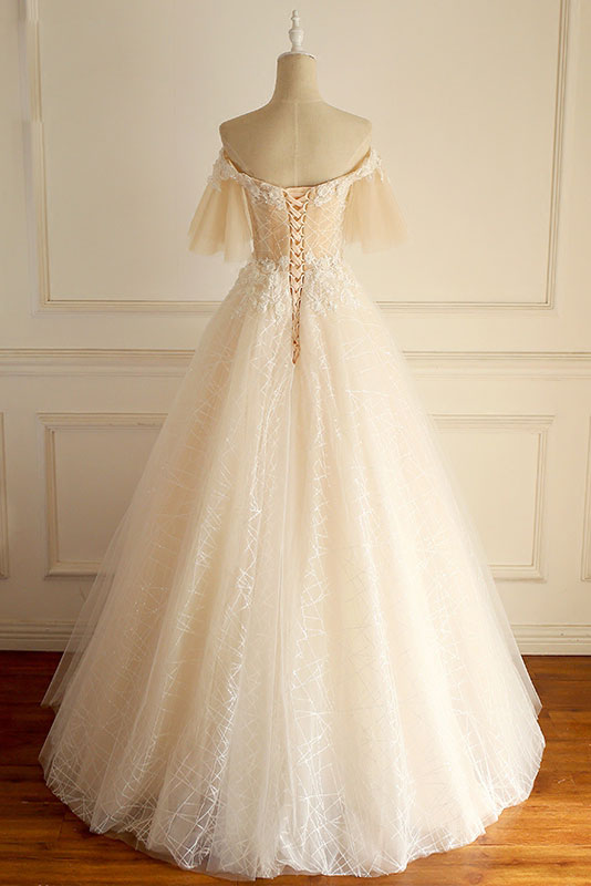 Champagne tulle lace long prom dress, champagne tulle wedding dress