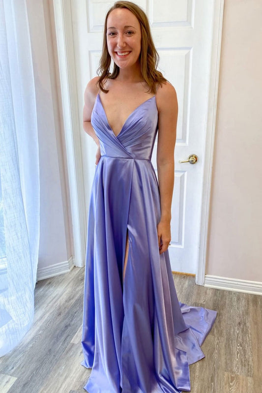 Simple v neck purple satin long prom dress purple evening dress