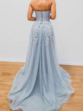 Gray blue tulle sequin long prom dress, gray blue tulle evening dress