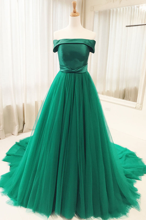 Simple green tulle long prom dress, green evening dress
