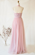 Pink tulle lace long prom dress, pink tulle lace evening dress