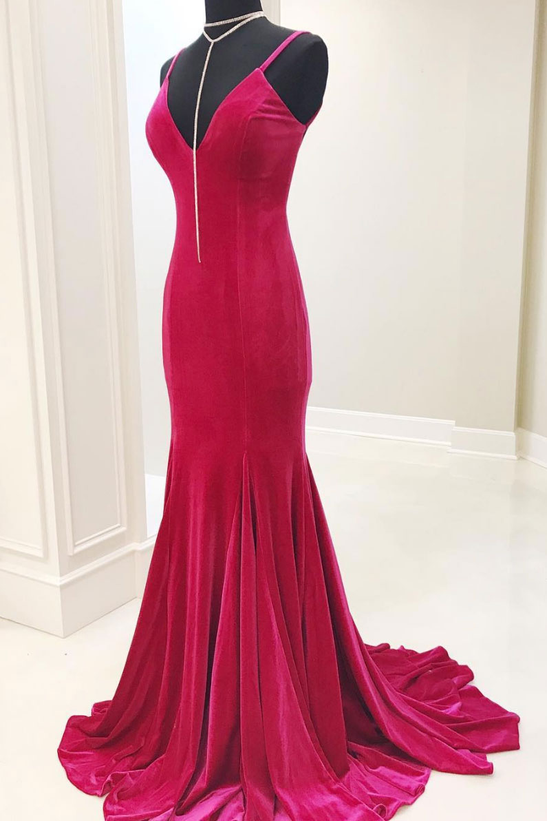 Red v neck mermaid long prom dress, red evening dress