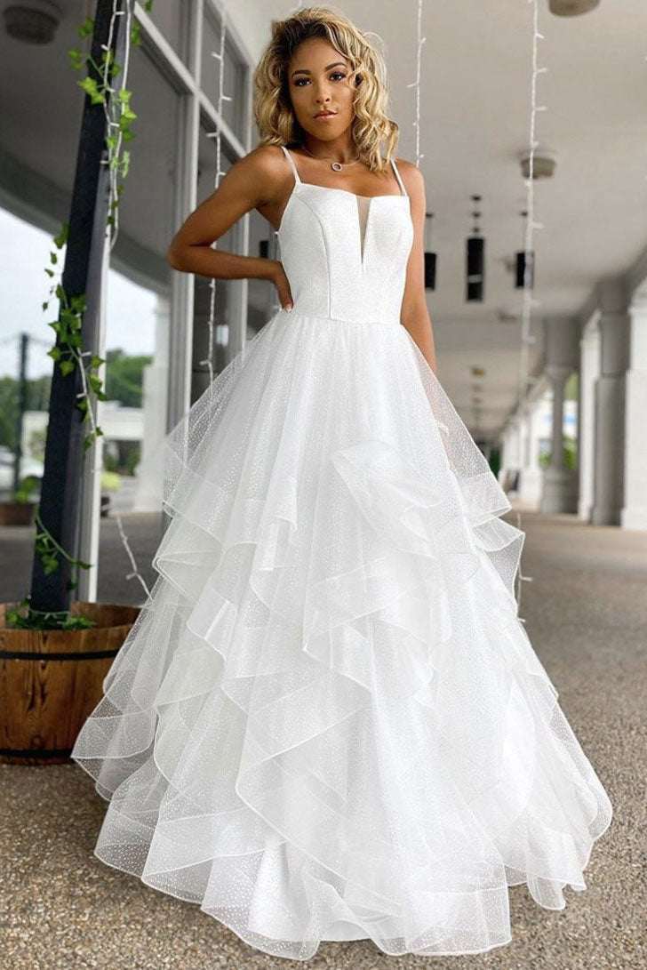 White tulle sequin long prom dress white evening dress