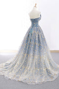 blue tulle long prom dress, blue tulle evening dress