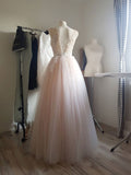 Light pink tulle lace long prom dress, pink tulle formal dress