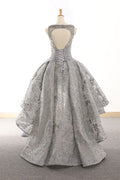 Gray tulle lace high low prom dress lace homecoming dress