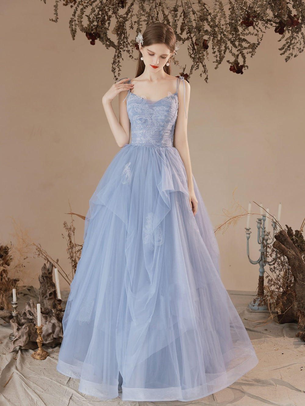 Blue A-Line Tulle Lace Long Prom Dresses, Blue Lace Formal Evening Dre dresstby Blue A-Line Tulle Lace Long Prom Dresses, Blue Lace Formal Evening Dre dresstby