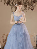 Blue A-Line Tulle Lace Long Prom Dresses