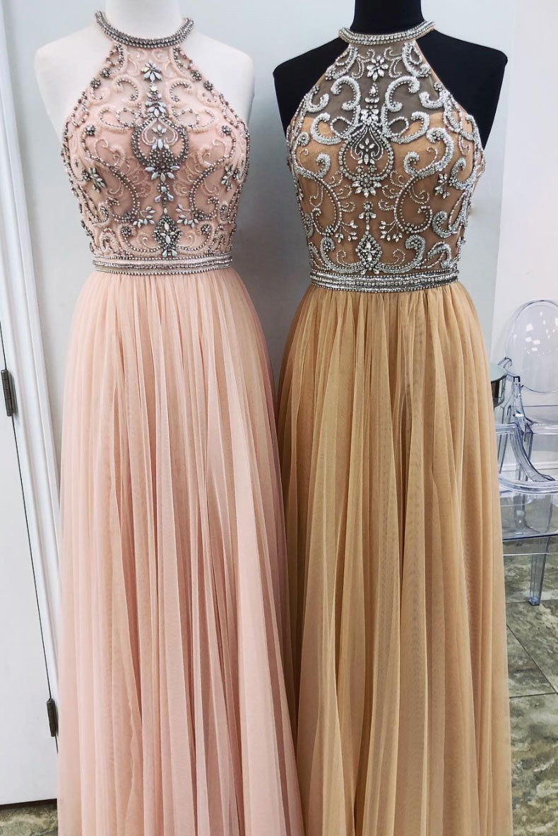 Unique high neck tulle beads long prom dress tulle formal dress