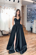 Black sweetheart satin long prom dress black evening dress