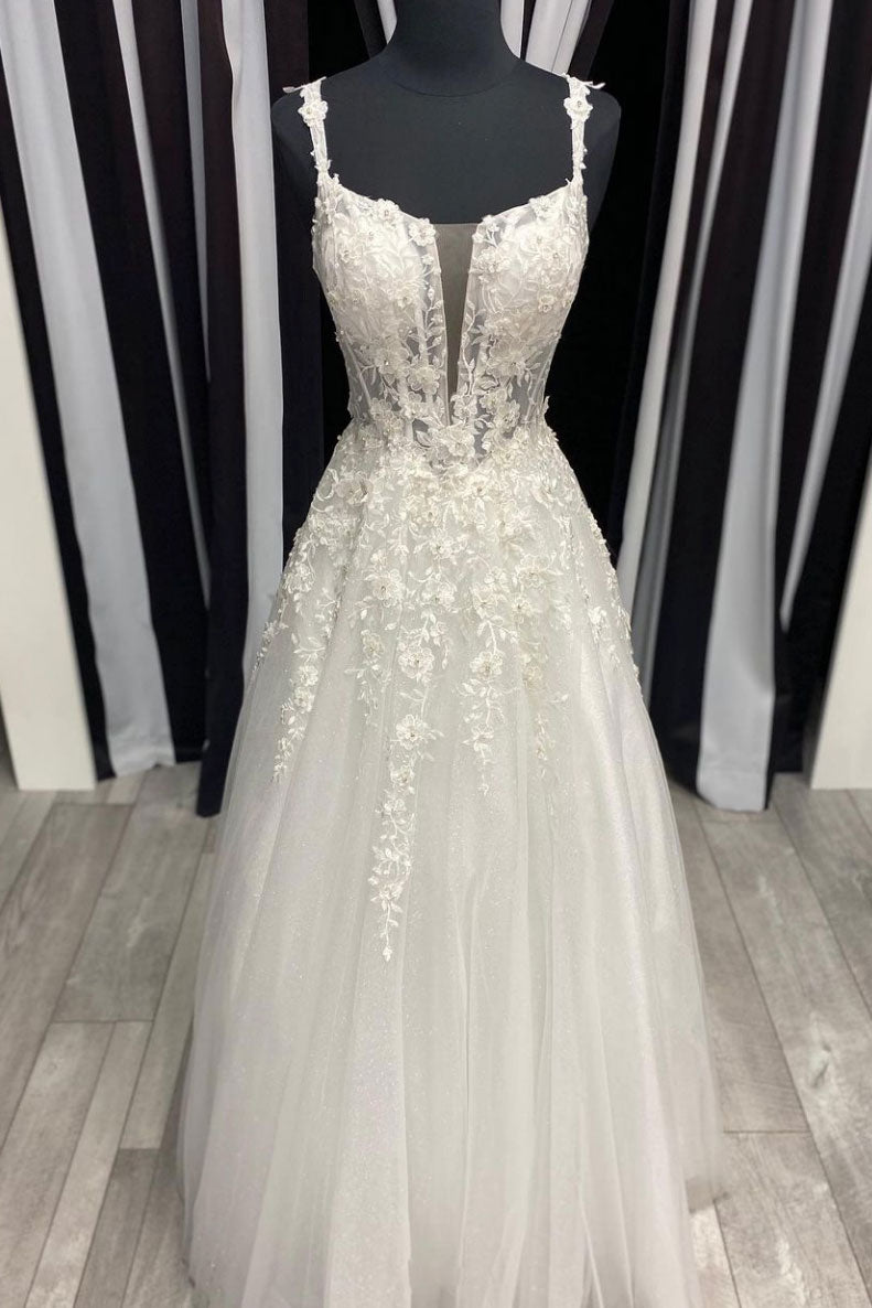 White tulle lace long prom dress white tulle formal dress