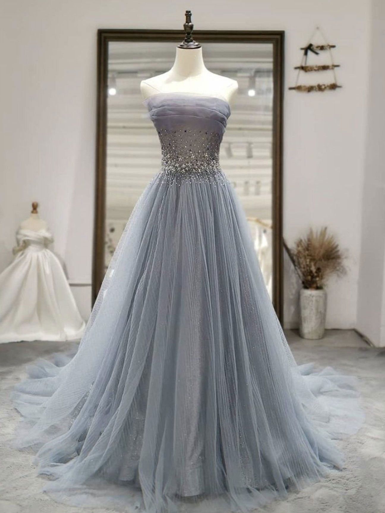 Gray tulle sequin long prom dress, gray tulle formal dress
