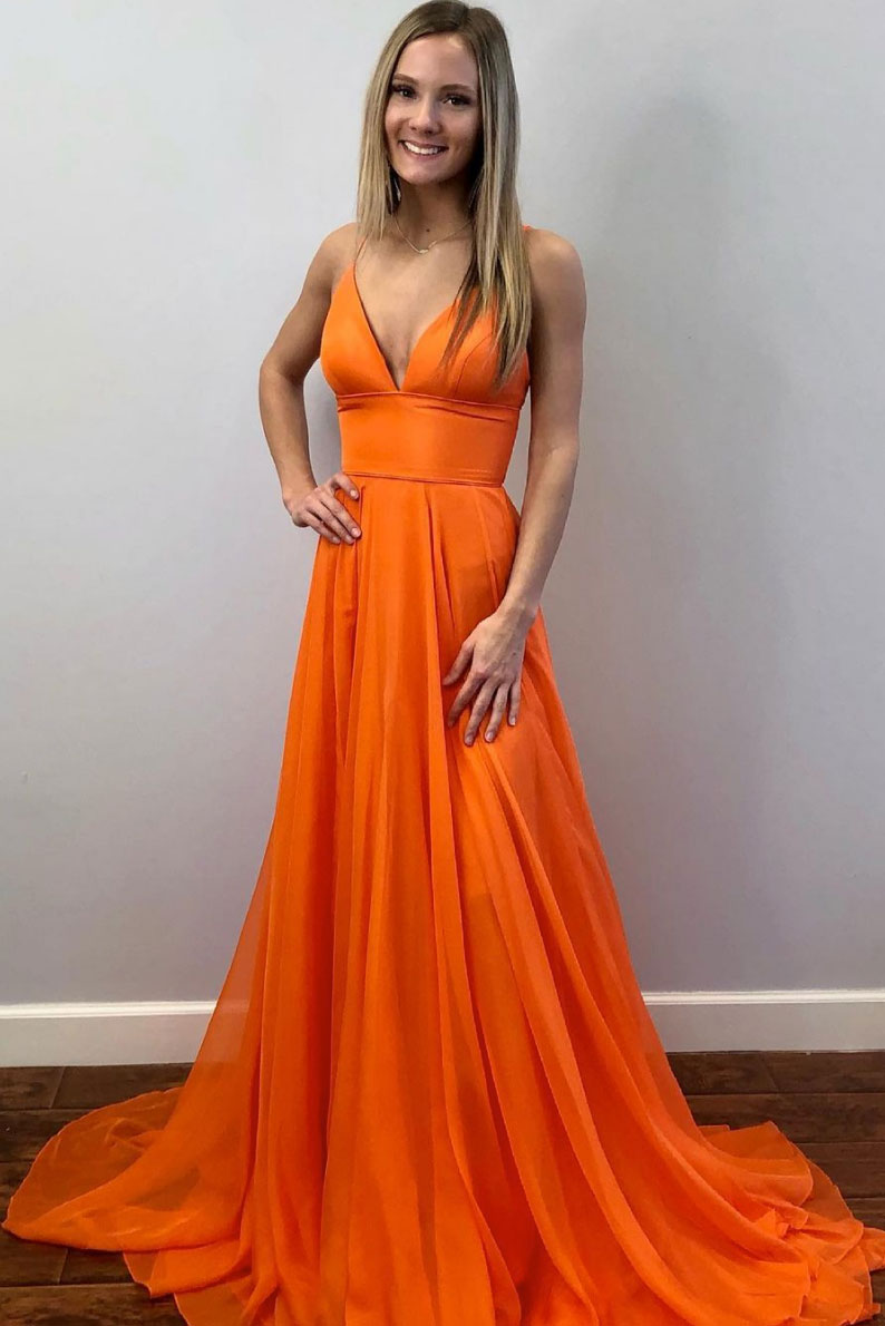 Simple Orange tulle long prom dress orange evening dress
