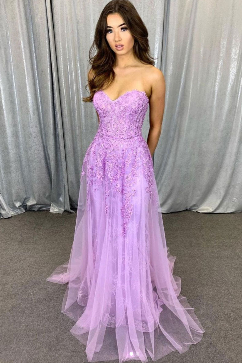 Purple sweetheart neck tulle lace long prom dress purple evening dress