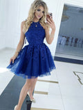 Blue tulle lace short prom dress, blue lace homecoming dress