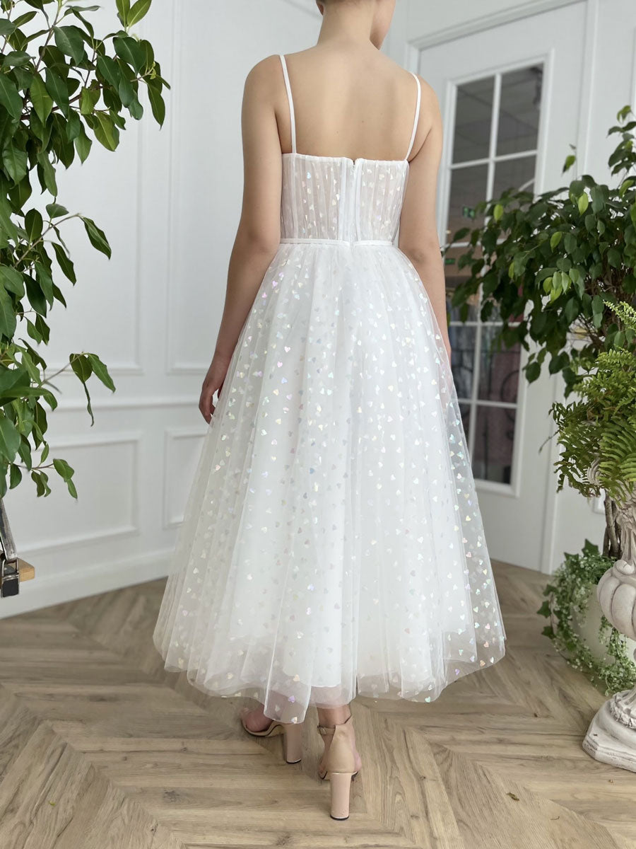 White sweetheart neck tulle tea length prom dress, white evening dress