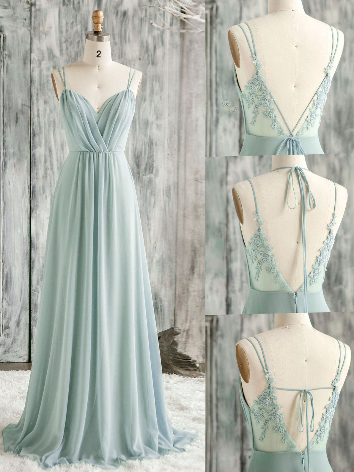 Simple green v neck chiffon lace long prom dress lace bridesmaid dress