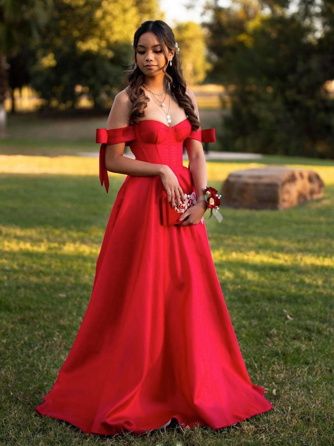 Simple red satin long prom dress, red satin evening dress