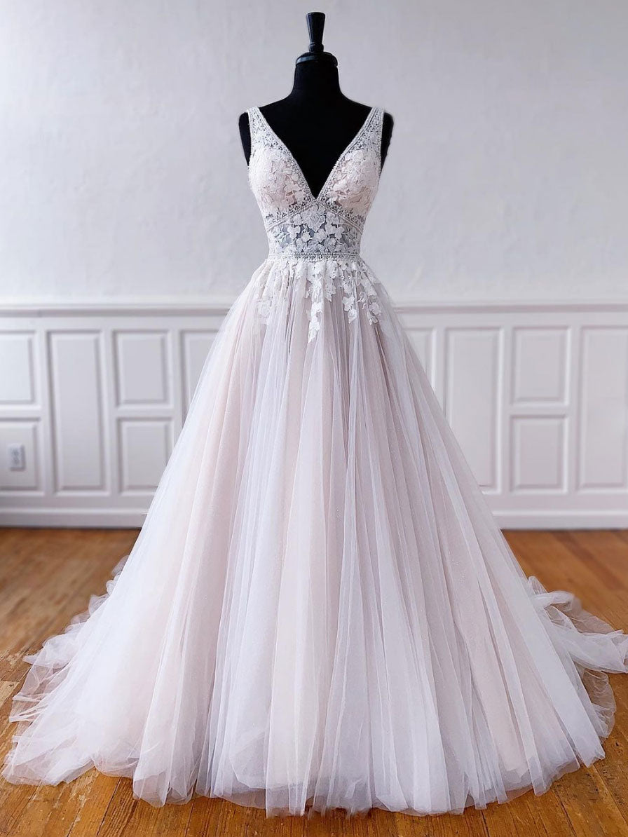 Light champagne tulle lace long prom dress, lace evening dress
