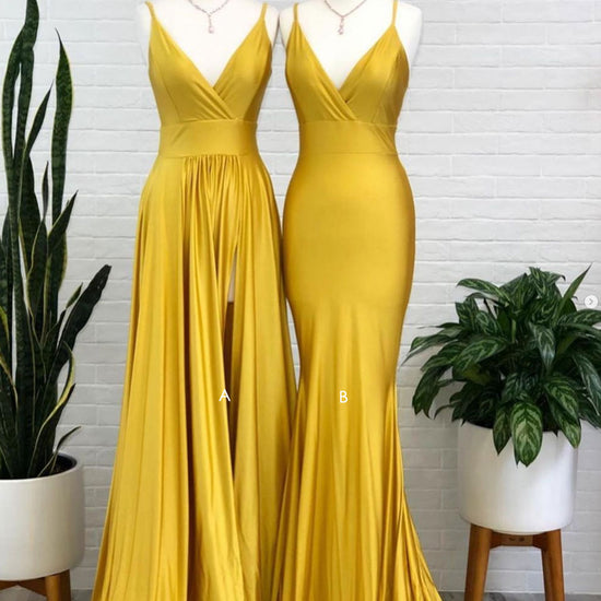 yellow bridesmaid dress Simple yellow satin long prom dress, yellow bridesmaid dress – dresstby